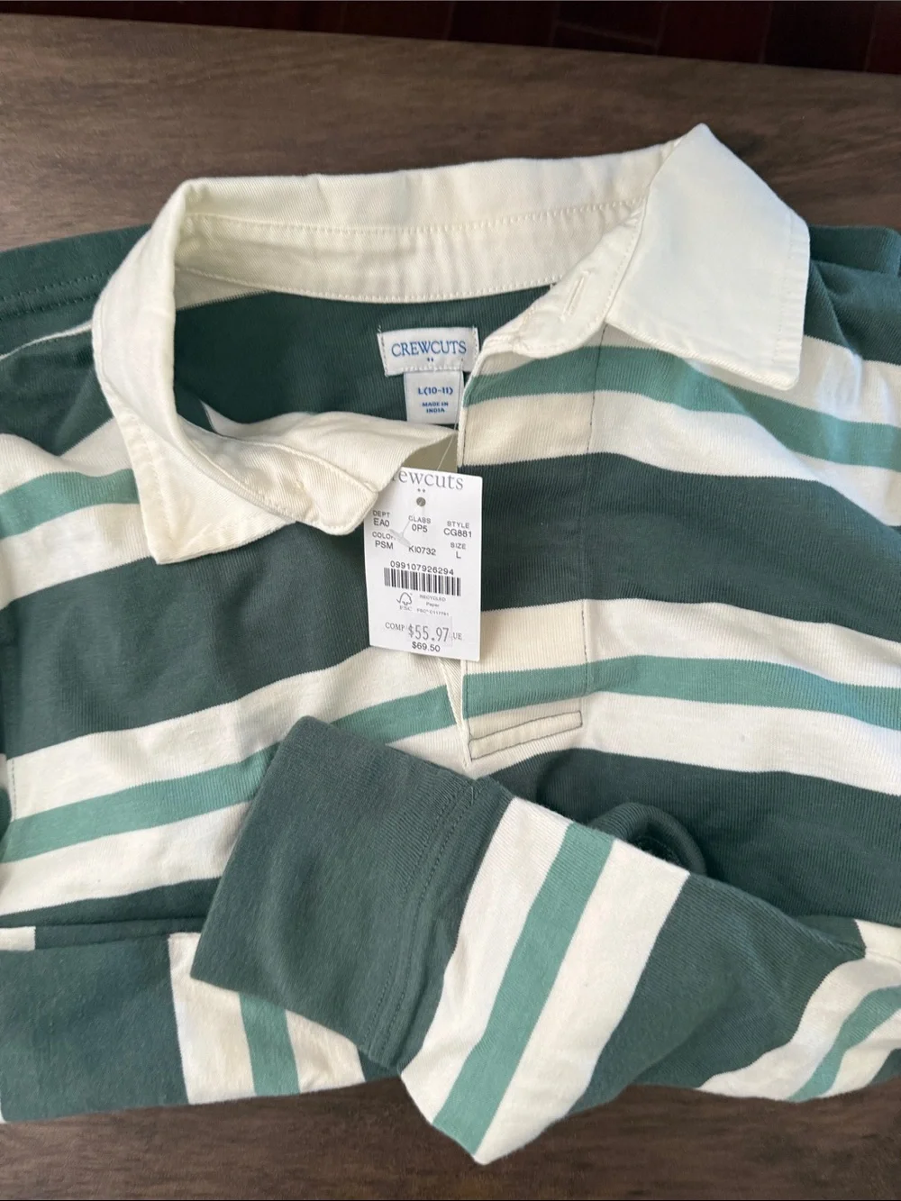 Crewcuts Men’s Forest Green, Teal & White Striped Rugby Polo